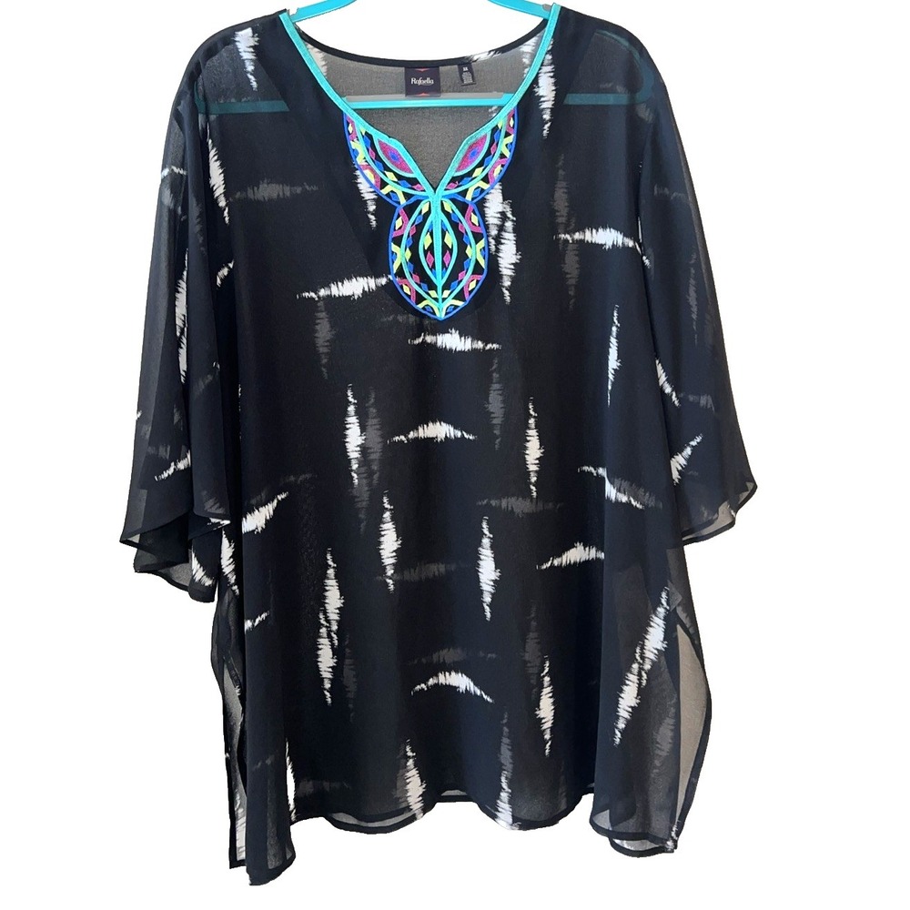 Rafaella Sheer Chiffon Tunic Top Women's Plus Size 3X V-Neck Embroidery Neckline